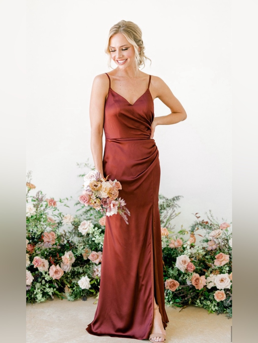 Revelry Rory Satin Bridesmaid Dress in Cinnamon Rose